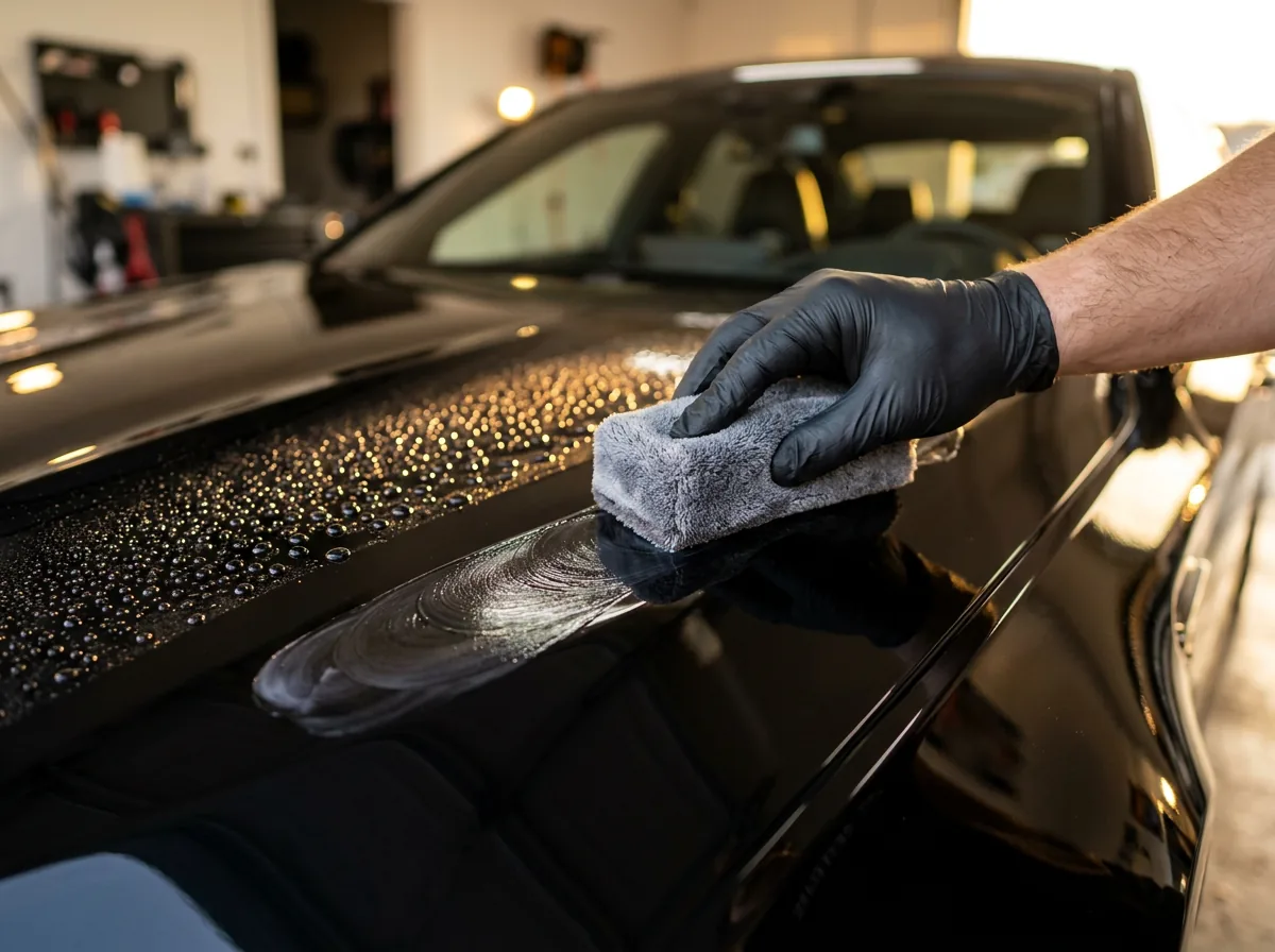 Hand polishing a glossy black hood
